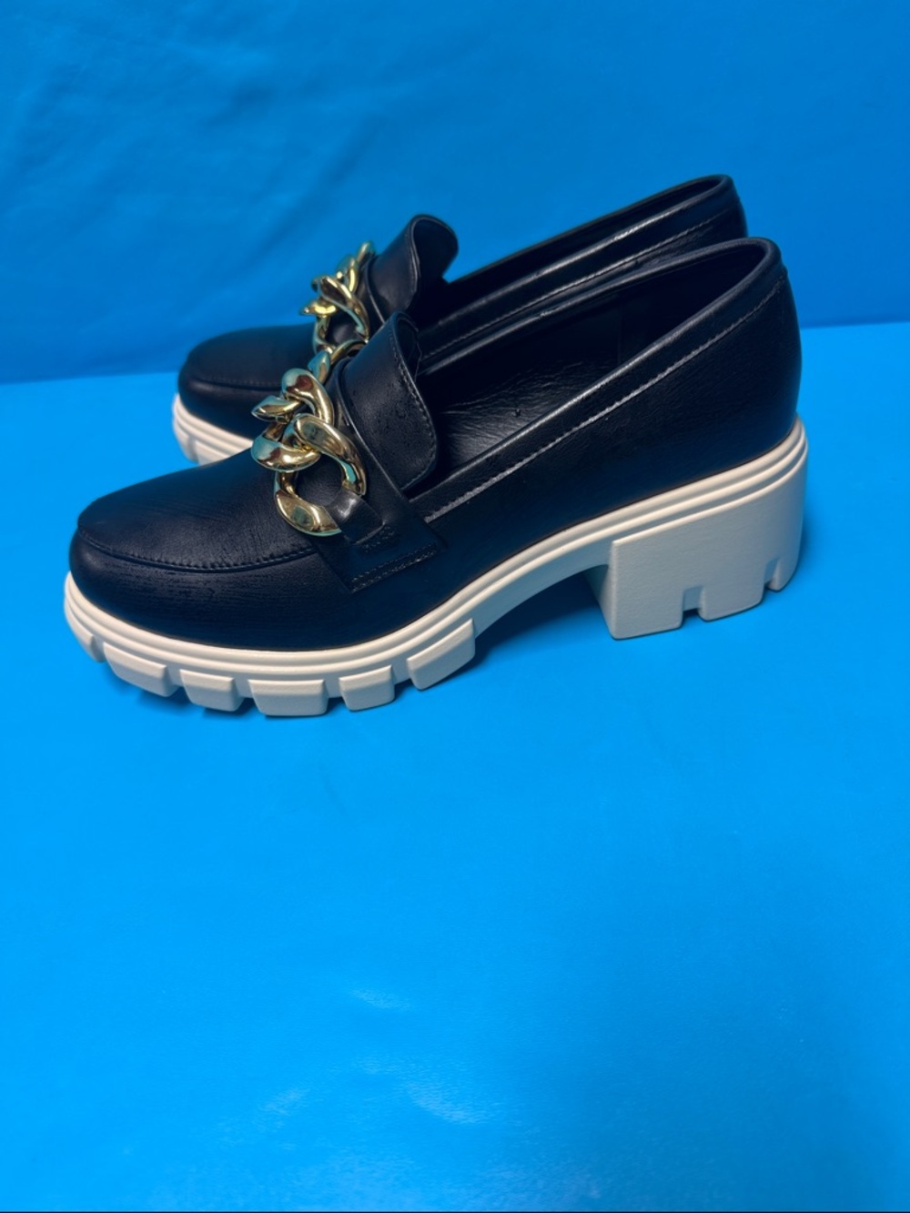 Ella Black Platform Loafers with Gold Chain Detail - Picture 3 of 3